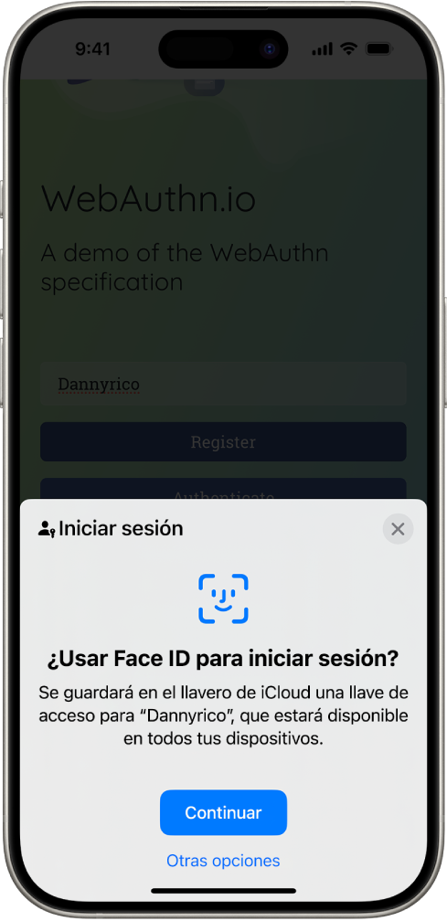 La parte inferior de la pantalla del iPhone te ofrece la opción de usar las llaves de acceso para iniciar sesión en un sitio web. Está el botón Continuar para guardar una llave de acceso y el botón “Otras opciones”.