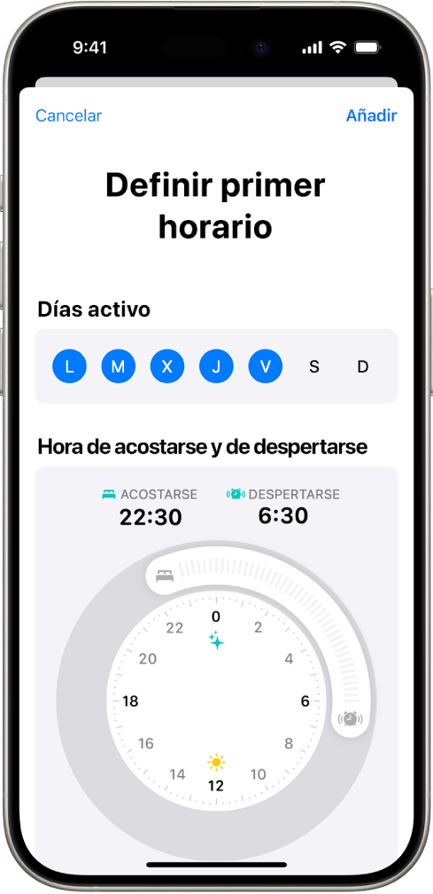 Pantalla “Definir primer horario” con la sección “Días activo” y un reloj Acostarse y Despertarse.