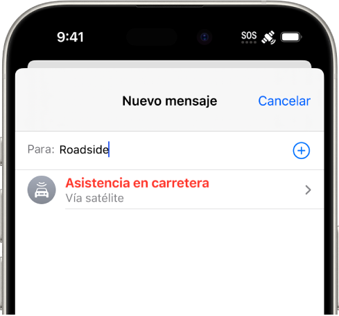 Se dirige un nuevo mensaje a “carretera”. Debajo hay un enlace para “Asistencia en carretera vía satélite”.