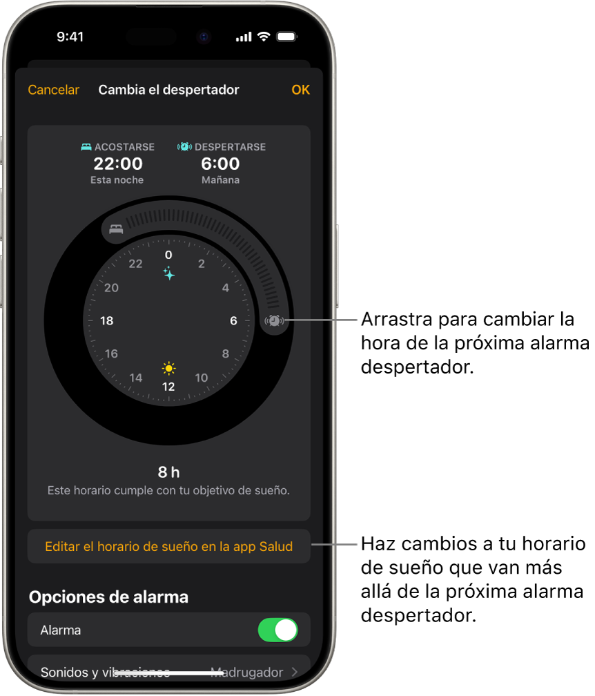 Pantalla para cambiar la próxima alarma despertador. La posición del botón de alarma ajusta la hora de la alarma.