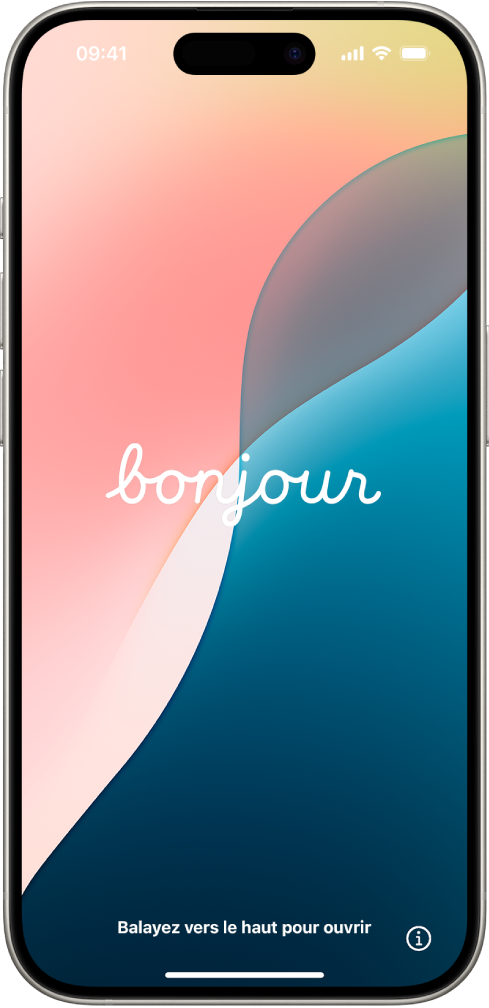 L’écran Bonjour qui s’affiche lorsque l’iPhone est allumé pour la première fois.