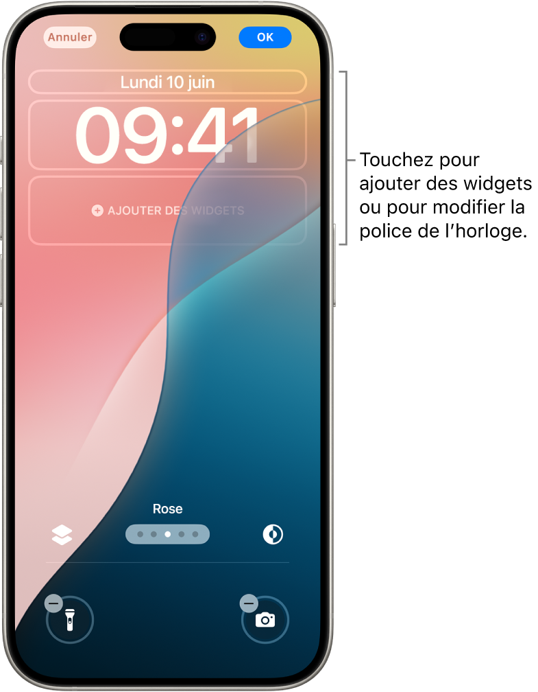 Un écran verrouillé personnalisé en cours de modification. Plusieurs éléments personnalisables sont sélectionnés : la date, l’heure, ainsi qu’un bouton permettant d’ajouter des widgets.