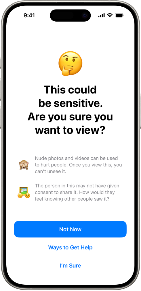 מסך ״אזהרת תוכן רגיש״ שמזהיר על אפשרות של עירום בתמונה. בתחתית המסך מופיעים הכפתורים: ״לא כעת״, ״דרכים לקבל עזרה״ ו״כן, בטוח״.