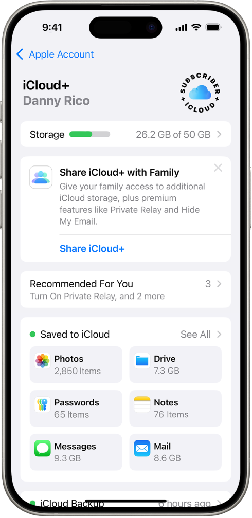 La schermata delle impostazioni di iCloud che mostra la barra dello spazio di archiviazione disponibile e un elenco di funzionalità, tra cui Foto, iCloud Drive e “Backup iCloud”, che possono essere utilizzate con iCloud.