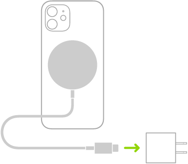 Illustrasjon som viser at den ene enden av MagSafe-laderen er koblet til baksiden av en iPhone og den andre enden er koblet til en strømforsyningsenhet.