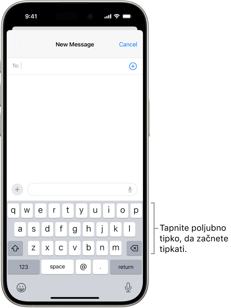 V aplikaciji Pošta je odprto prazno e-poštno sporočilo. Tipkovnica na zaslonu je v spodnji polovici zaslona.