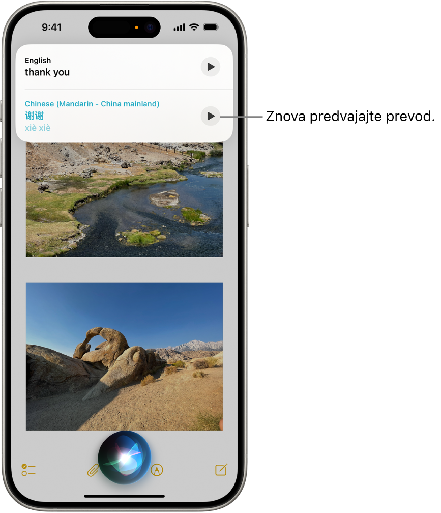 Zaslon iPhona z indikatorjem poslušanja Siri na dnu in na vrhu odziv Siri v obliki prevoda [iz angleščine v mandarinščino].