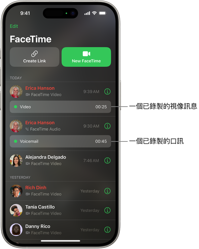 FaceTime 通話記錄，其中包括前往已錄製的視像訊息和口訊的連結。