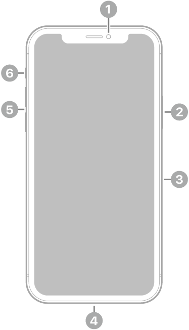 The front view of iPhone 11 Pro. The front camera is at the top center. On the right side, from top to bottom, are the side button and the SIM tray. The Lightning connector is on the bottom. On the left side, from bottom to top, are the volume buttons and the Ring/Silent switch.