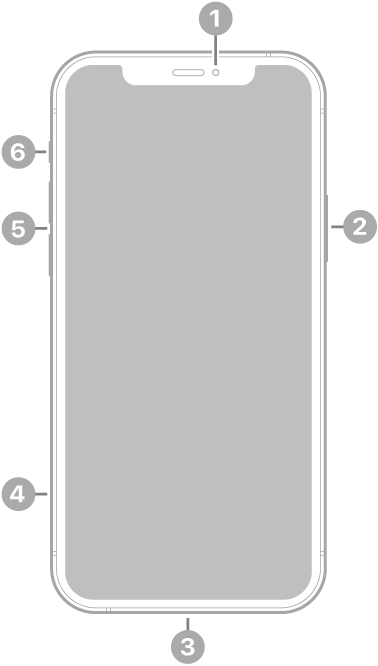 La vue de face de l’iPhone 12 Pro. La caméra avant se trouve en haut au centre. Le bouton latéral est situé sur le côté droit. Le connecteur Lightning se trouve en bas. Sur le côté gauche, de bas en haut, se trouvent le support pour carte SIM, les boutons de volume et le bouton Sonnerie/Silence.
