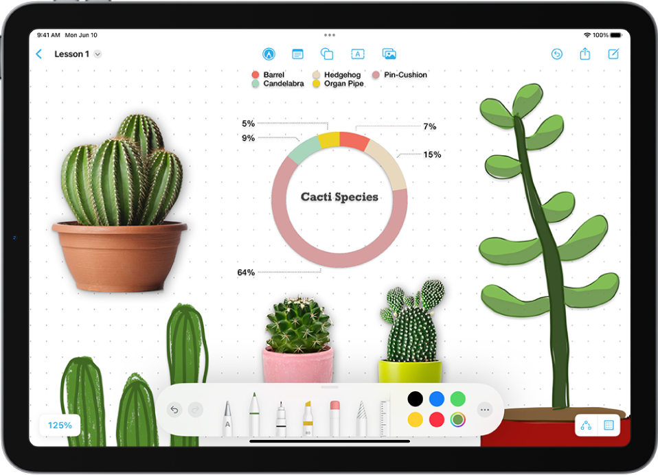 A Freeform board with drawings of plants and the drawing tools at the bottom.