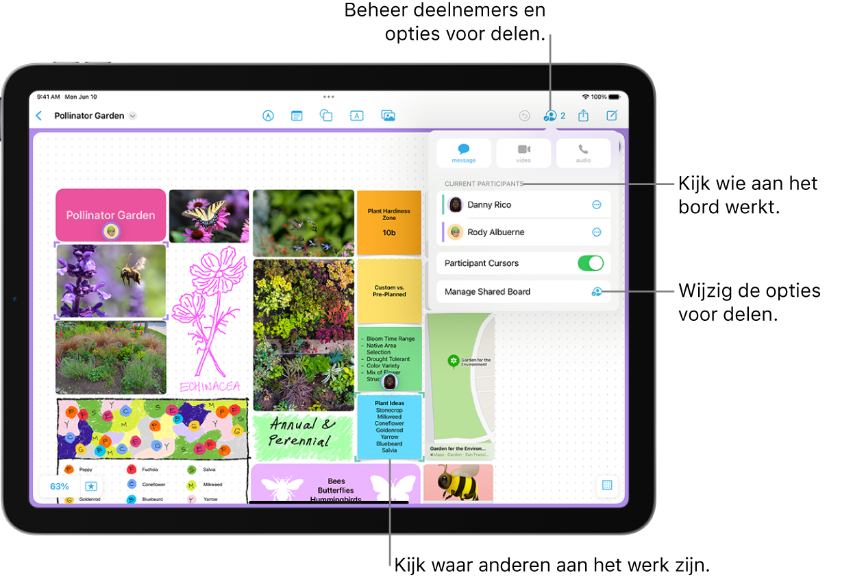 Een gedeeld Freeform-bord op een iPad. Het samenwerkingsmenu is geopend en de locatie van een andere deelnemer op het bord is gemarkeerd.