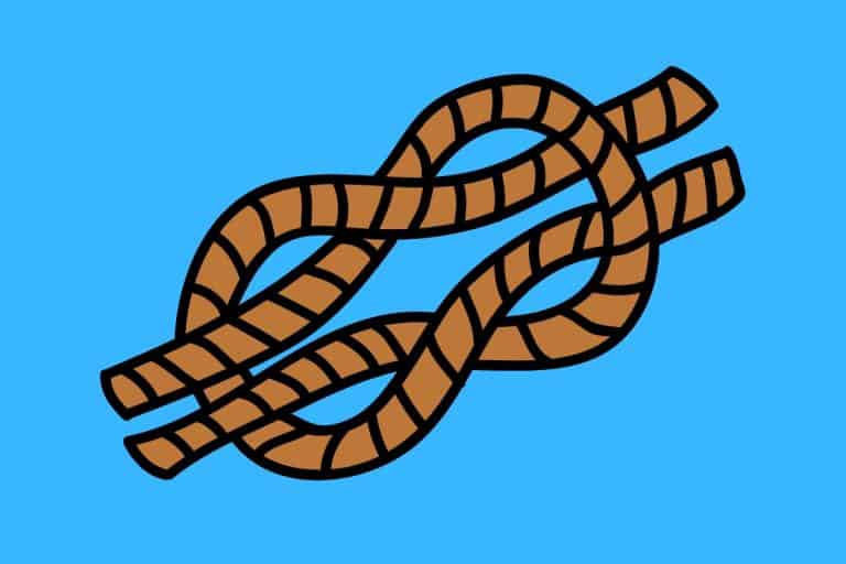 Cartoon graphic of a reef knot being made with brown rope on a blue background.