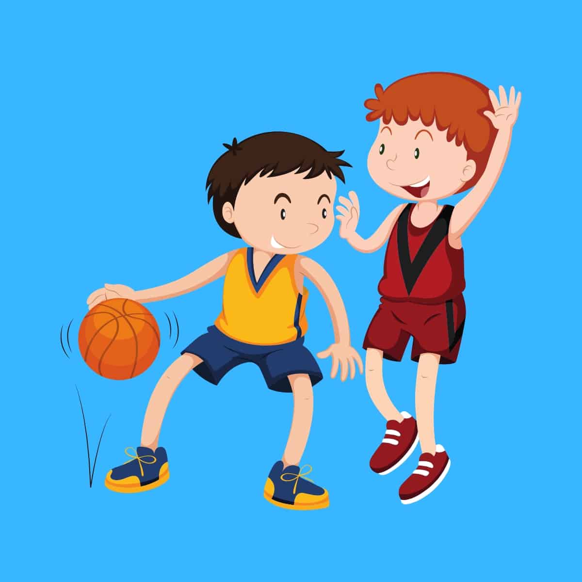 Cartoon graphic of two boys playing basketball on blue background.