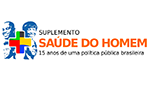 Logo promocional do “Suplemento Especial Saúde do Homem” do periódico Interface - Comunicação, Saúde, Educação. A imagem apresenta ilustrações de rostos masculinos de diferentes etnias, ao redor de uma cruz nas cores verde, amarelo, azul, vermelho e preto (representando o Sistema Único de Saúde – SUS). Ao lado da cruz, constam as inscrições "Suplemento Saúde do Homem, 15 anos de uma política pública brasileira".