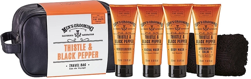 Set - Scottish Fine Soaps Mens Grooming Thistle & Black Pepper Travel Bag (sh/gel/75ml + f/wash/75ml + a/sh/balm/75ml + f/cr/75ml + towel + bag)