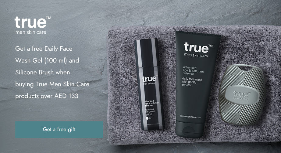 Get a free Daily Face Wash Gel (100 ml) and Silicone Brush when buying True Men Skin Care products over AED 133