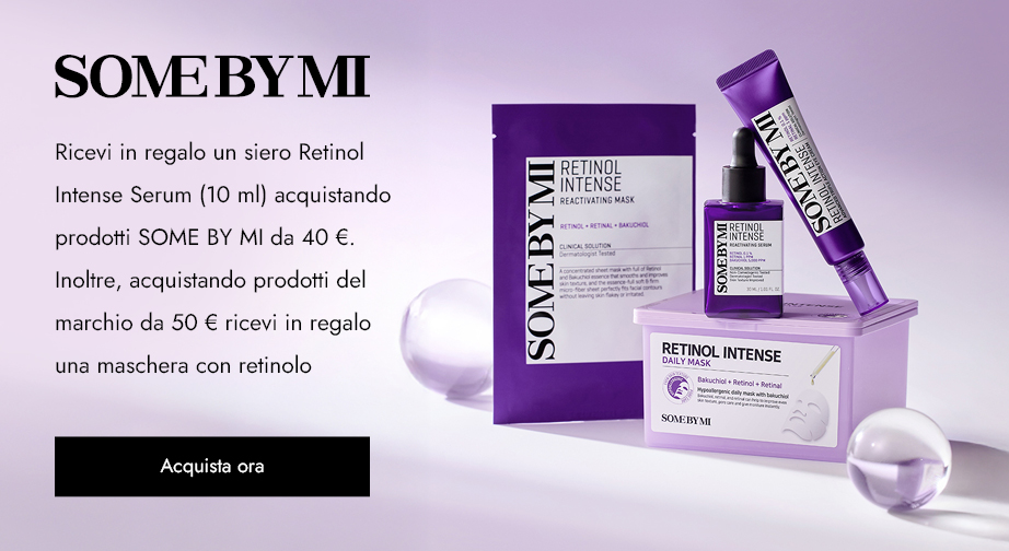 Ricevi in regalo un siero Retinol Intense Serum (10 ml) acquistando prodotti SOME BY MI da 40 €. Inoltre, acquistando prodotti del marchio da 50 € ricevi in regalo una maschera con retinolo