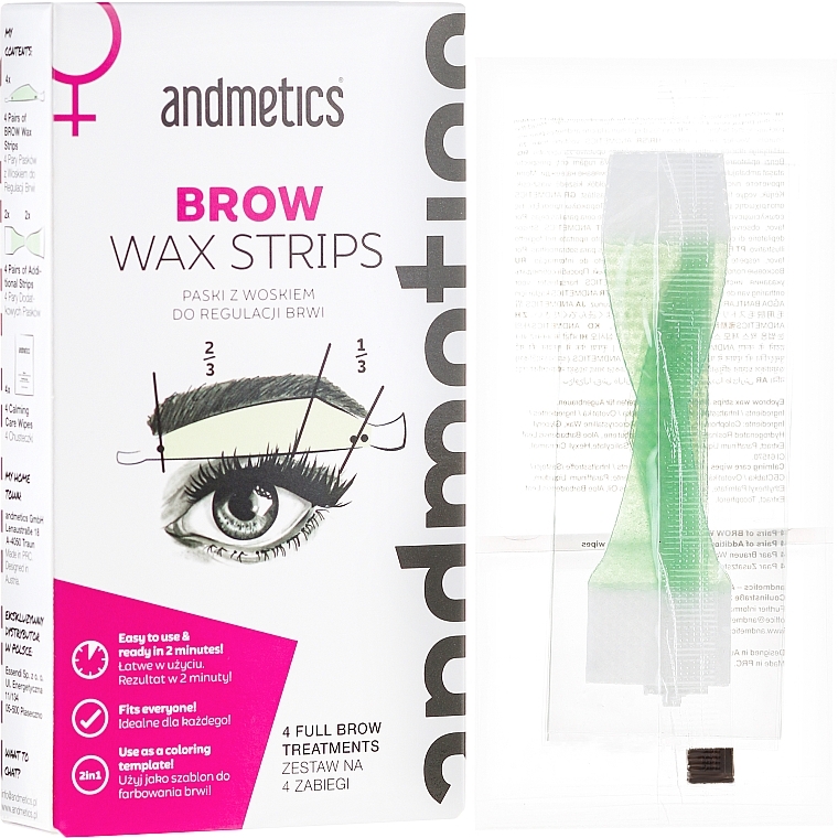 Набор для коррекции бровей - Andmetics Brow Wax Strips Women (strips/4x2pc + strips/4x2pc + wipes/4pc)