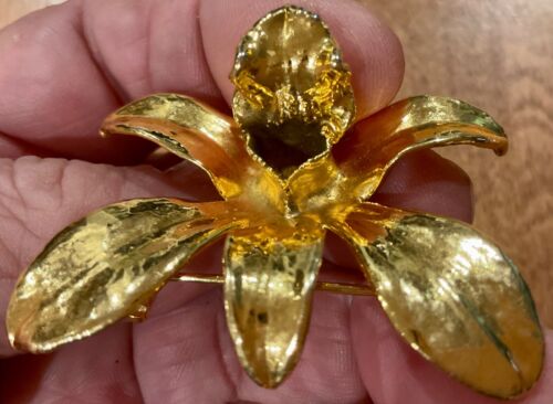 VINTAGE 22KT GP HAND MADE ORCHID BROOCH PIN 2:” X… - image 1