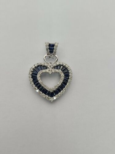 14k White Gold Diamond And Sapphire Heart Pendant