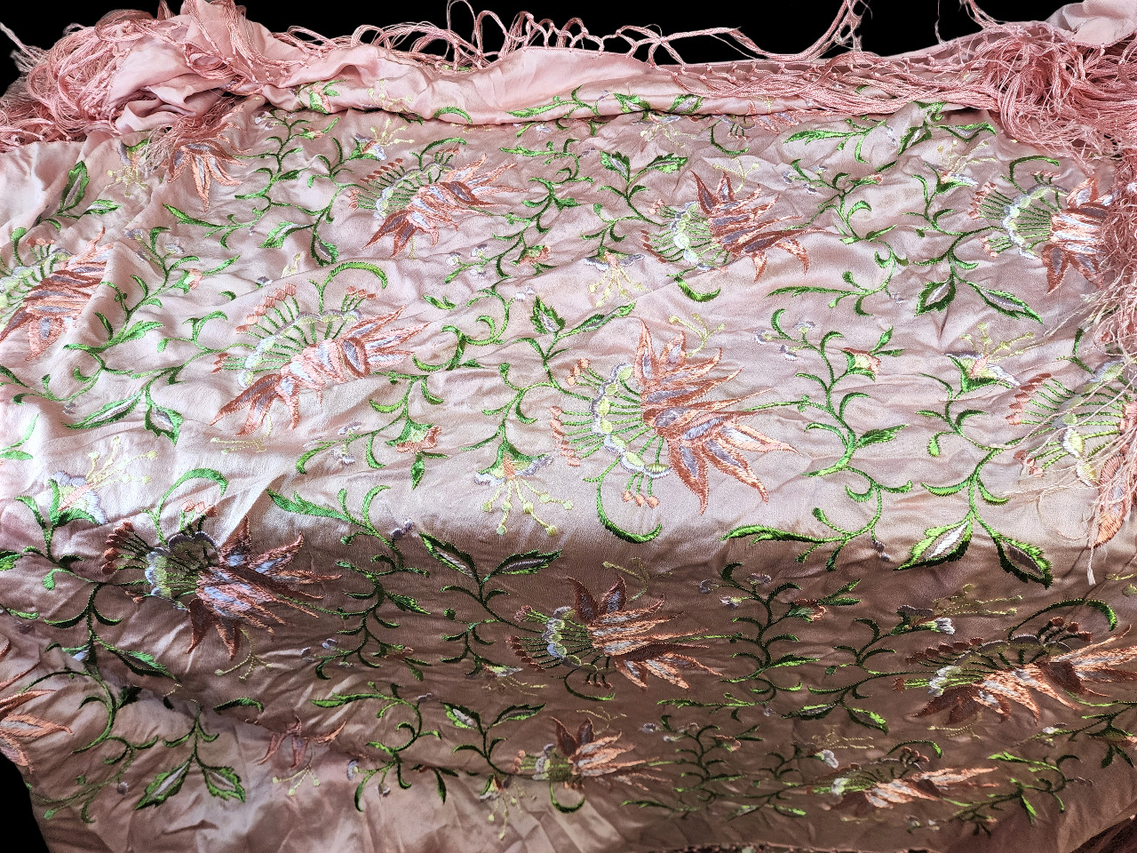 Vintage Chinese Piano Scarf Fringed Floral Embroi… - image 5