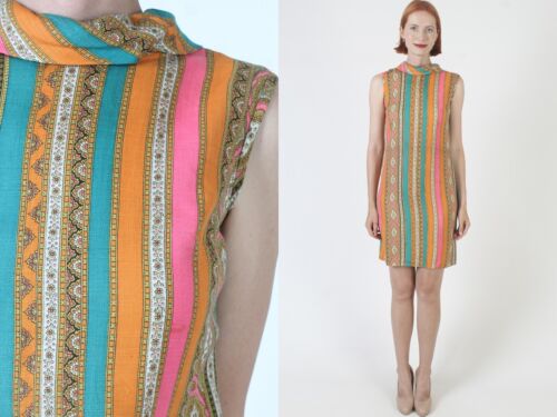 Vtg 60s Vertical Striped Shift Dress Mod Psychede… - image 1