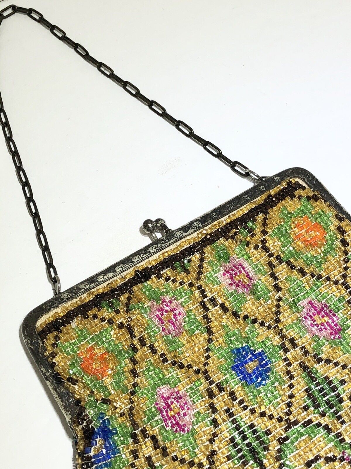 Antique hand beaded metal frame floral handbag pu… - image 4