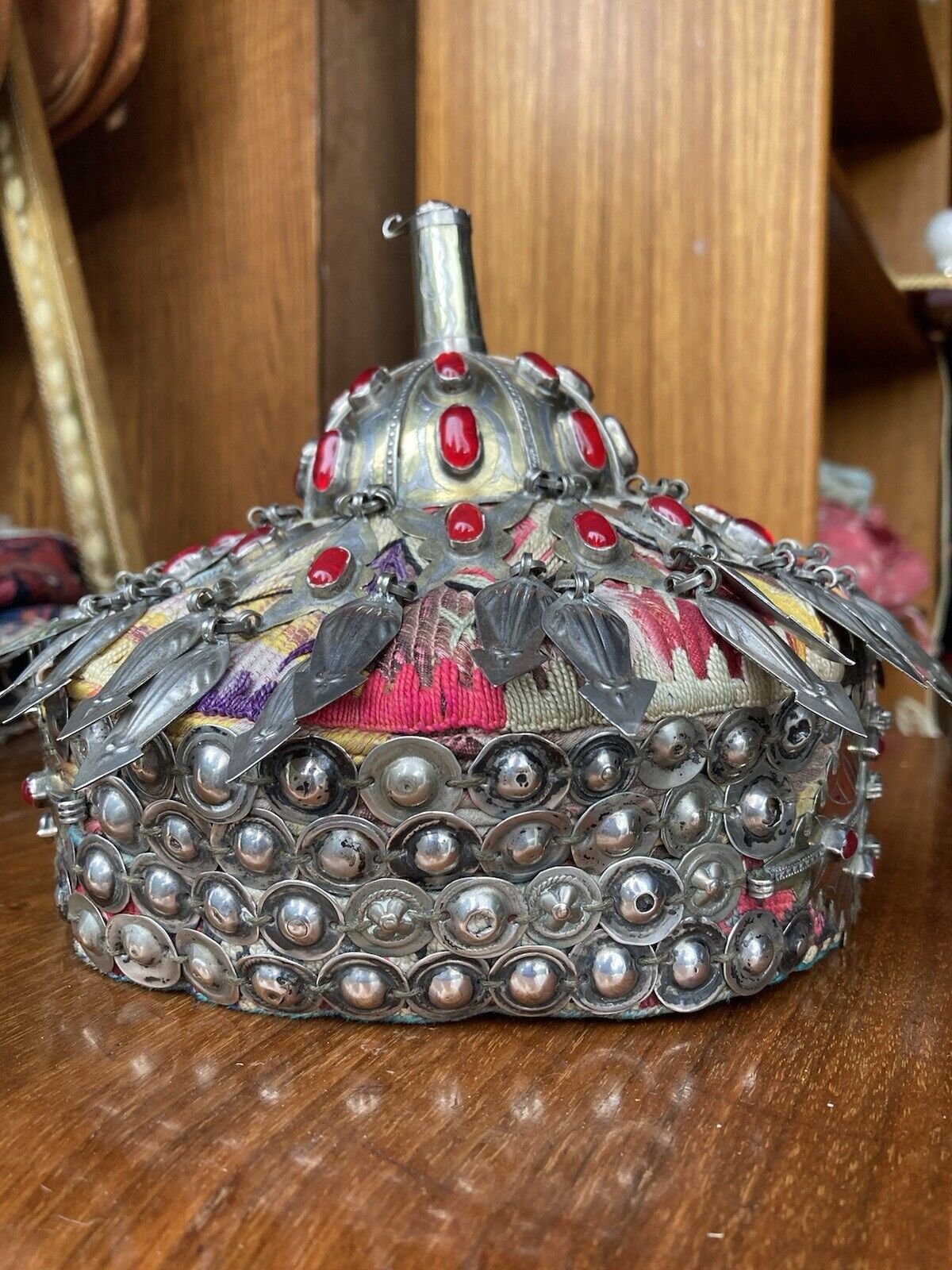 VTG Turkish Mongolian Metal Beaded Jeweled Hat Fa… - image 13