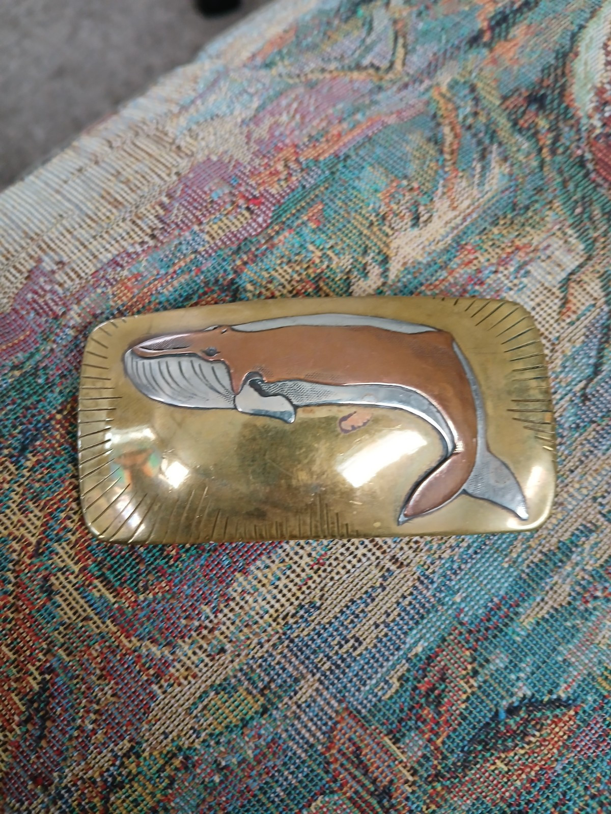 Vintage Brass Humpback Whale signed artisan belt … - image 2