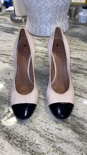 Vintage Prada Beige w/ Black Toe Cap Classic Pumps