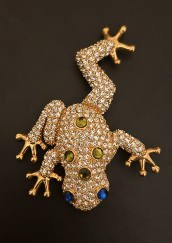 Vintage Rhinestone Frog Pin Brooch: Signed PJM