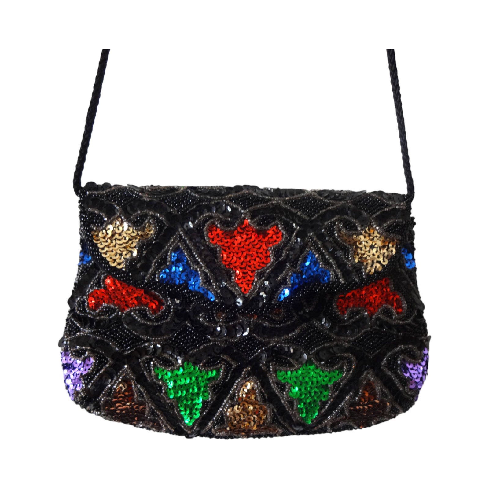 Vintage Black Multicolored Beaded Sequined Purse … - image 2