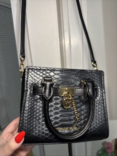 michael kors hamilton xs black croc handbag used b