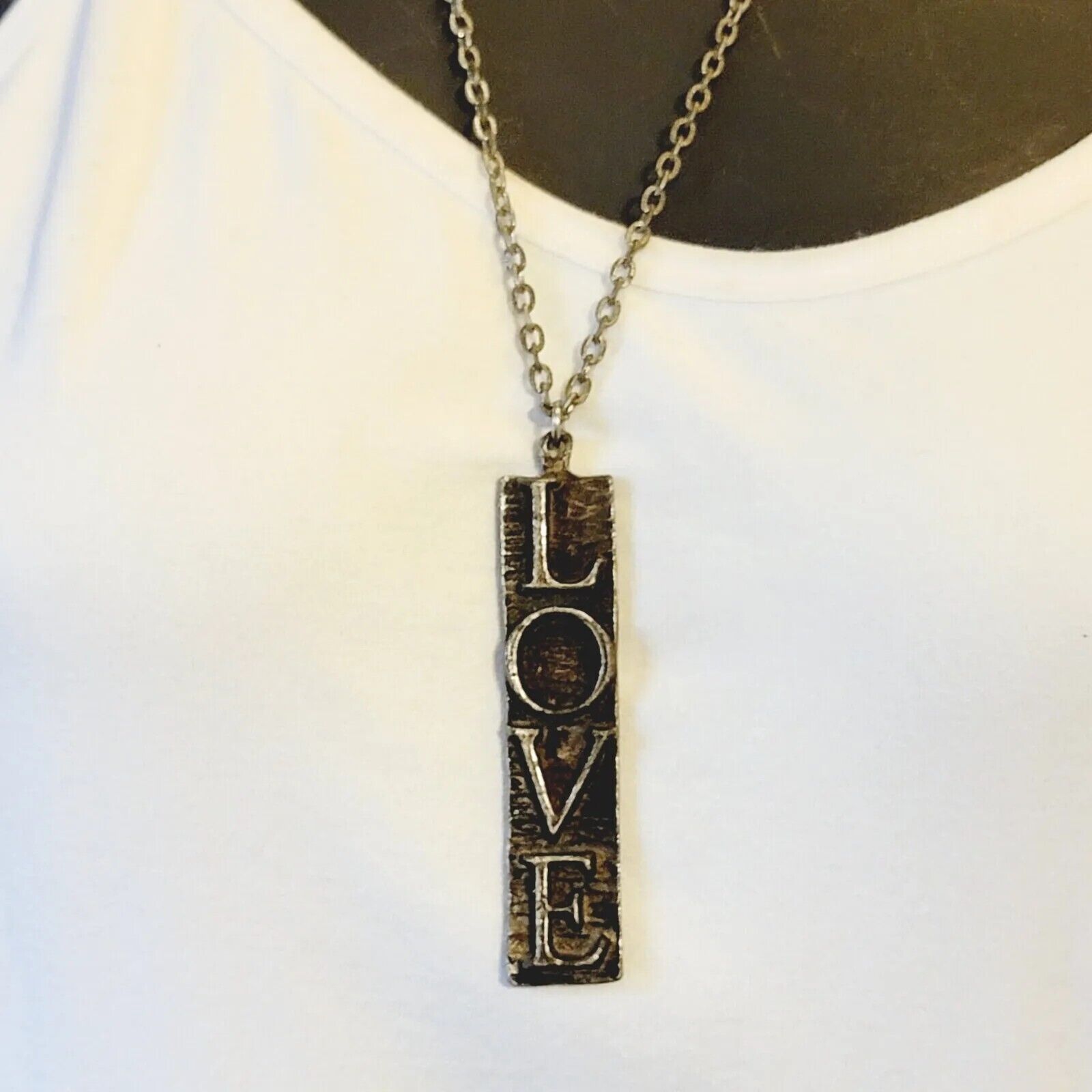 Vintage LOVE Pendant Necklace Pewter-tone Boho Je… - image 4