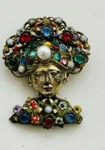 Antique Czech Filigree Enamel Jeweled Brooch Turba