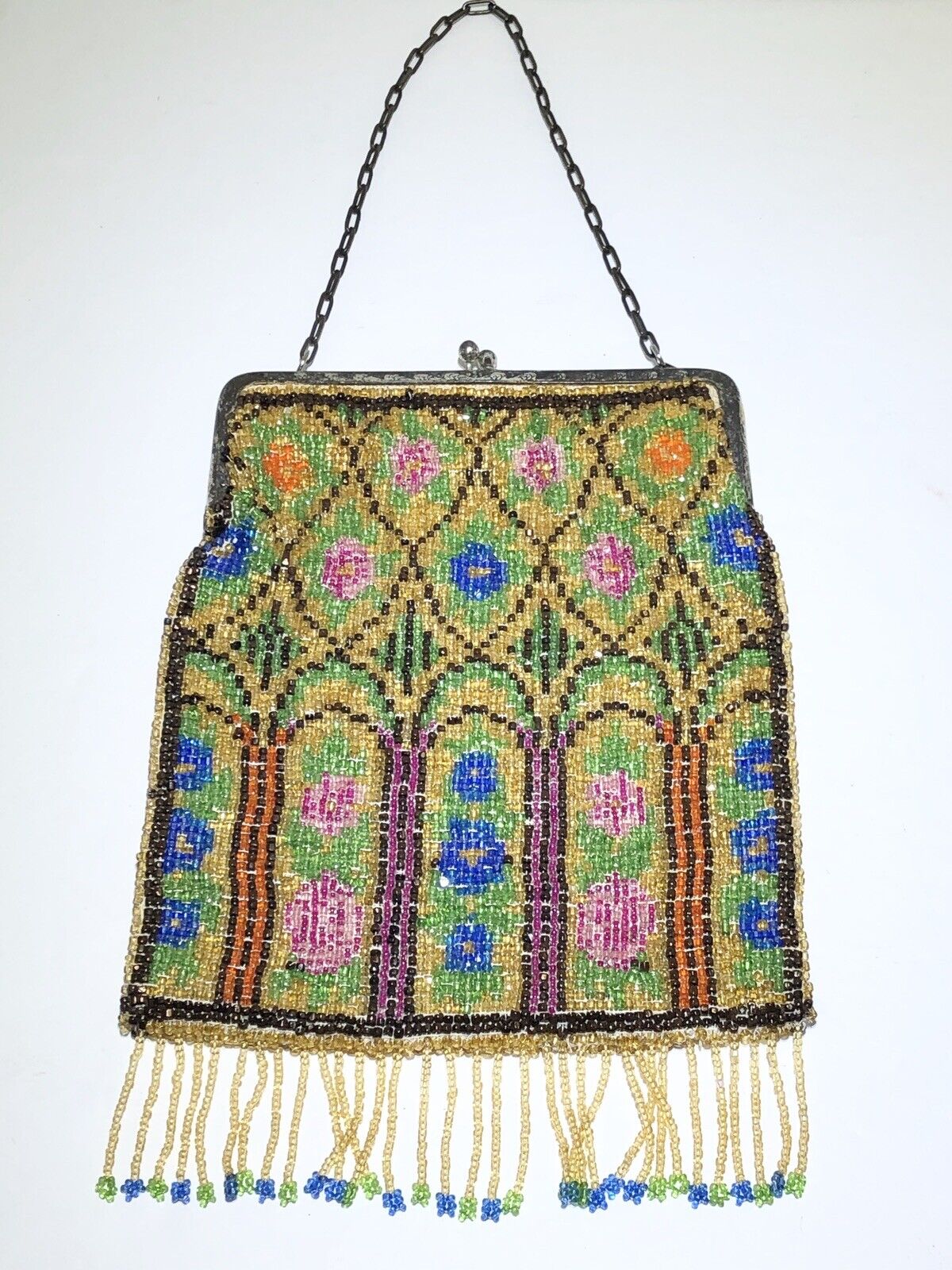 Antique hand beaded metal frame floral handbag pu… - image 2