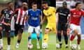 Premier League teams with front-of-shirt gambling sponsorship deals include, from left: Leicester City, Brentford, Everton, Wolverhampton, West Ham United and Nottingham Forest