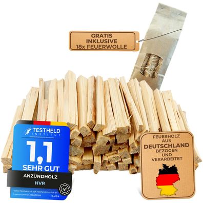 HVR 30 KG Anzündholz mit gratis 18 Stück Anzündwolle - Trockenes Anfeuerholz