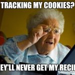 Grandma Finds The Internet Meme | TRACKING MY COOKIES? THEY'LL NEVER GET MY RECIPE! | image tagged in memes,grandma finds the internet | made w/ Imgflip meme maker