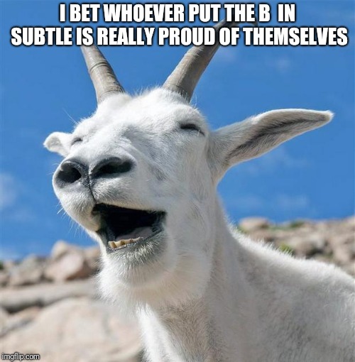 Laughing Goat | I BET WHOEVER PUT THE B  IN SUBTLE IS REALLY PROUD OF THEMSELVES | image tagged in memes,laughing goat | made w/ Imgflip meme maker