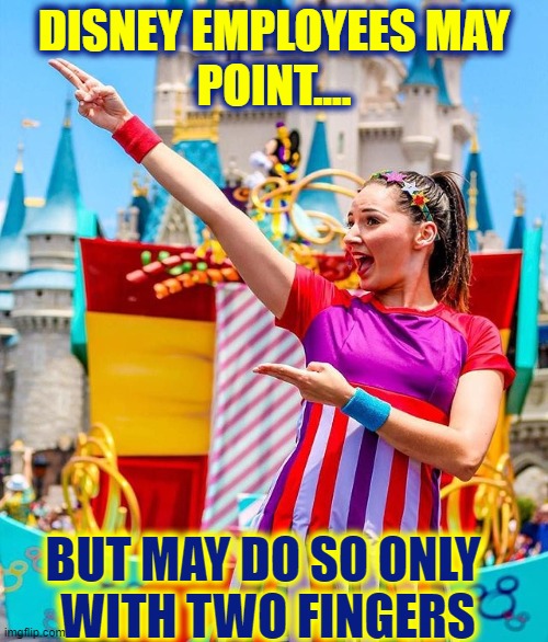 In Order NEVER to Offend Anyone... | DISNEY EMPLOYEES MAY
POINT.... BUT MAY DO SO ONLY 
WITH TWO FINGERS | image tagged in vince vance,walt disney,disneyland,disney world,pointing,memes | made w/ Imgflip meme maker