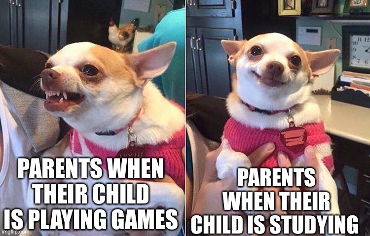 Parents be like... | PARENTS WHEN THEIR CHILD IS PLAYING GAMES; PARENTS WHEN THEIR CHILD IS STUDYING | image tagged in angry dog meme,relatable,parents,studying | made w/ Imgflip meme maker