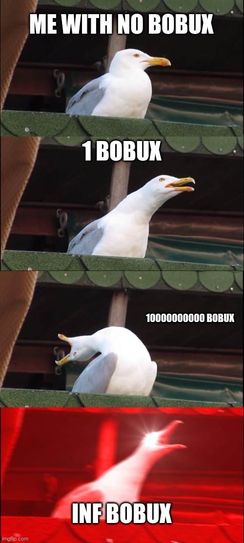 Inhaling Seagull Meme | ME WITH NO BOBUX; 1 BOBUX; 10000000000 BOBUX; INF BOBUX | image tagged in memes,inhaling seagull | made w/ Imgflip meme maker