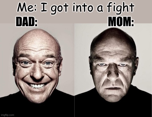 Hank | Me: I got into a fight; DAD:                                  MOM: | image tagged in hank,dad,mom,funny memes | made w/ Imgflip meme maker