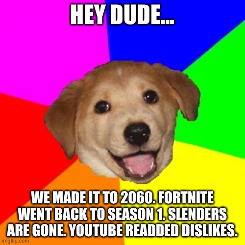 The Future of the Internet…? | HEY DUDE…; WE MADE IT TO 2060. FORTNITE WENT BACK TO SEASON 1. SLENDERS ARE GONE. YOUTUBE READDED DISLIKES. | image tagged in memes,advice dog | made w/ Imgflip meme maker