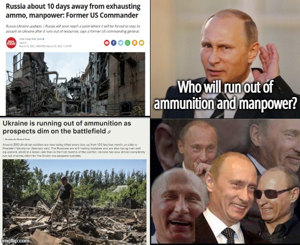 Just 2 more weeks and we got Russia beat! Oh God, we've only got 1 more weeks supply of copium! | image tagged in vladimir putin,good guy putin,putin,putin laughing,russia,ukraine | made w/ Imgflip meme maker