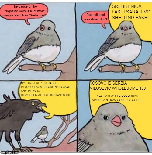 POV: trying to discuss the yugoslav wars | The cause of the Yugoslav wars is a lot more complicated than "Serbs bad"; SREBRENICA FAKE! SARAJEVO SHELLING FAKE! Reductionist narratives don't; KOSOVO IS SERBIA

MILOSEVIC WHOLESOME 100; NOTHING EVER UNSTABLE IN YUGOSLAVIA BEFORE NATO CAME
ANYONE WHO DISAGREES WITH ME IS A NATO SHILL; YES I AM WHITE SUBURBAN AMERICAN HOW COULD YOU TELL | image tagged in annoyed bird,bosnia,politics,serbia | made w/ Imgflip meme maker