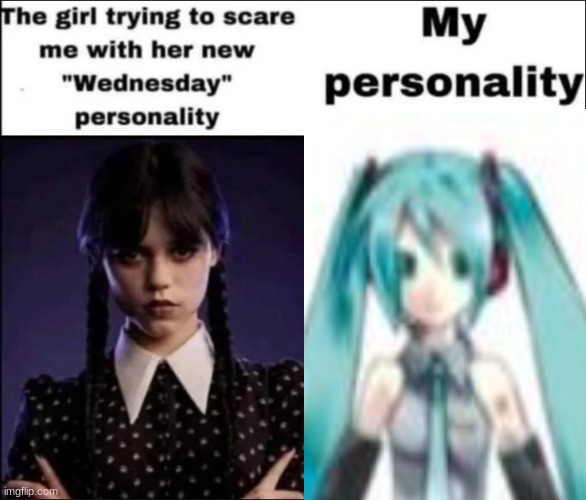 The girl trying to scare me with her new Wednesday personality | image tagged in the girl trying to scare me with her new wednesday personality,hatsune miku,front facing,my personality | made w/ Imgflip meme maker