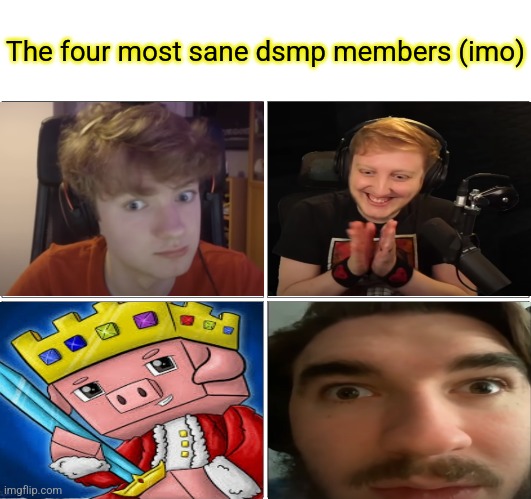 I mean this as in the ones who have been in little to no controversy (Honorable mentions in tags) | The four most sane dsmp members (imo) | image tagged in quackity,captainpuffy,badboyhalo,slimecicle,nihachu,ranboo | made w/ Imgflip meme maker